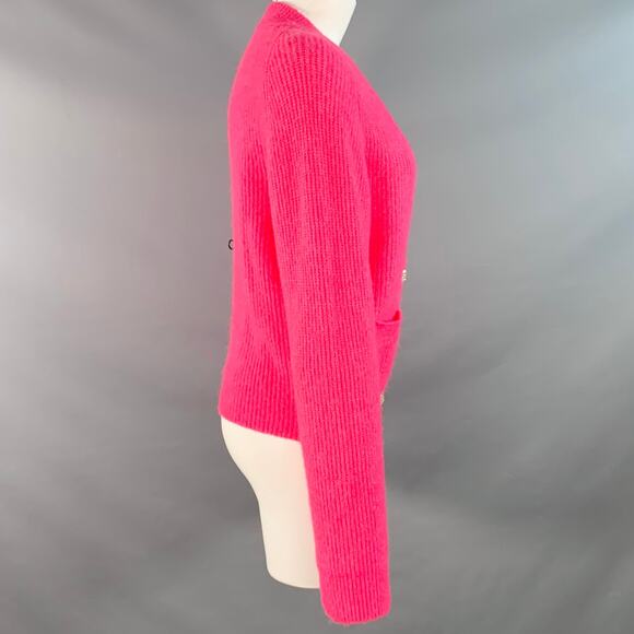 GANNI Size M Hot Pink Alpaca Blend Rhinestones Cropped Cardigan - Picture 3 of 7